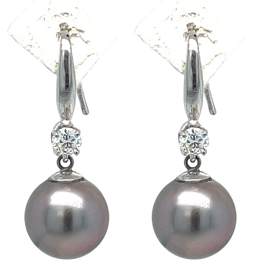 14K White Gold Tahitian Pearl and Diamond Lever Back Dangle Earrings