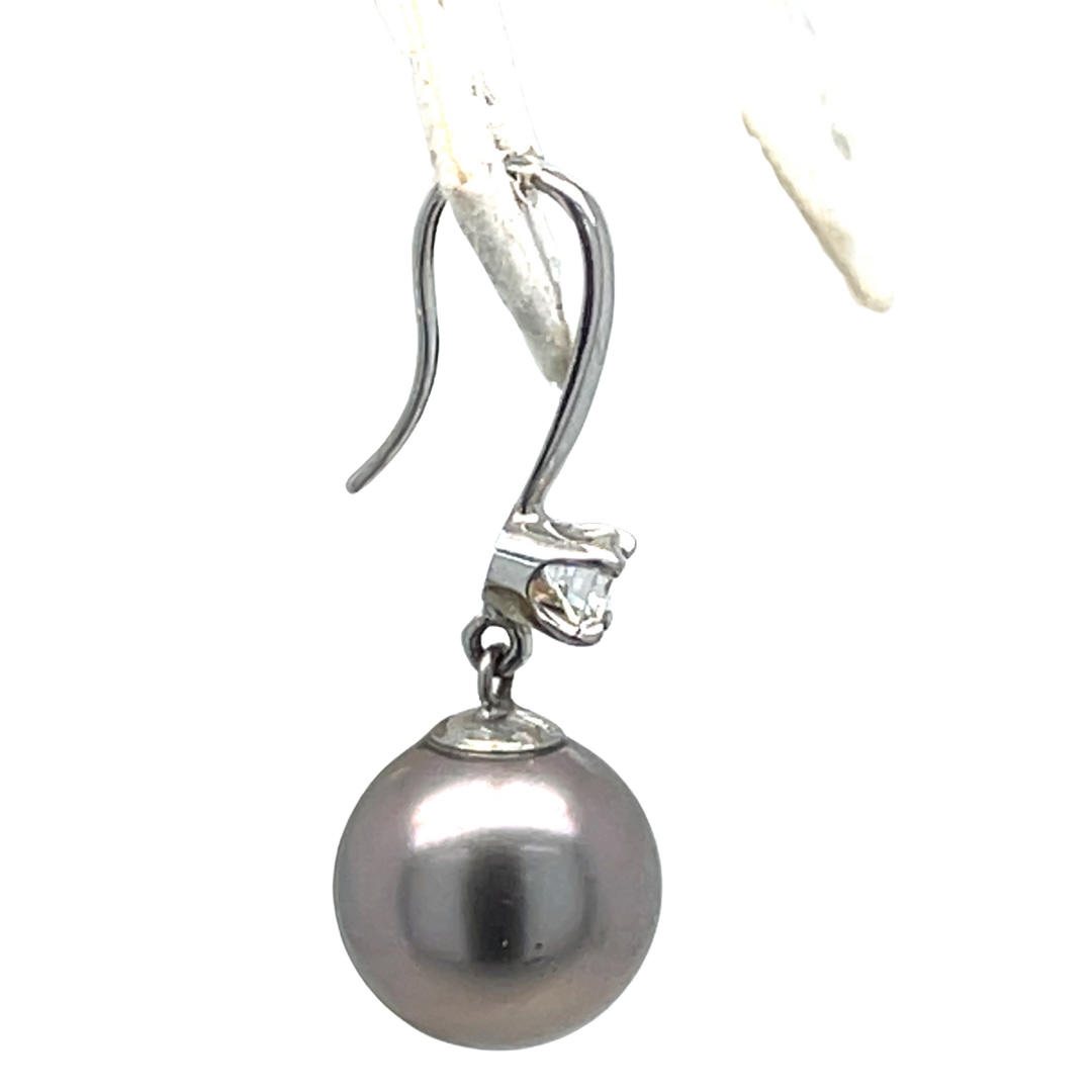 14K White Gold Tahitian Pearl and Diamond Lever Back Dangle Earrings