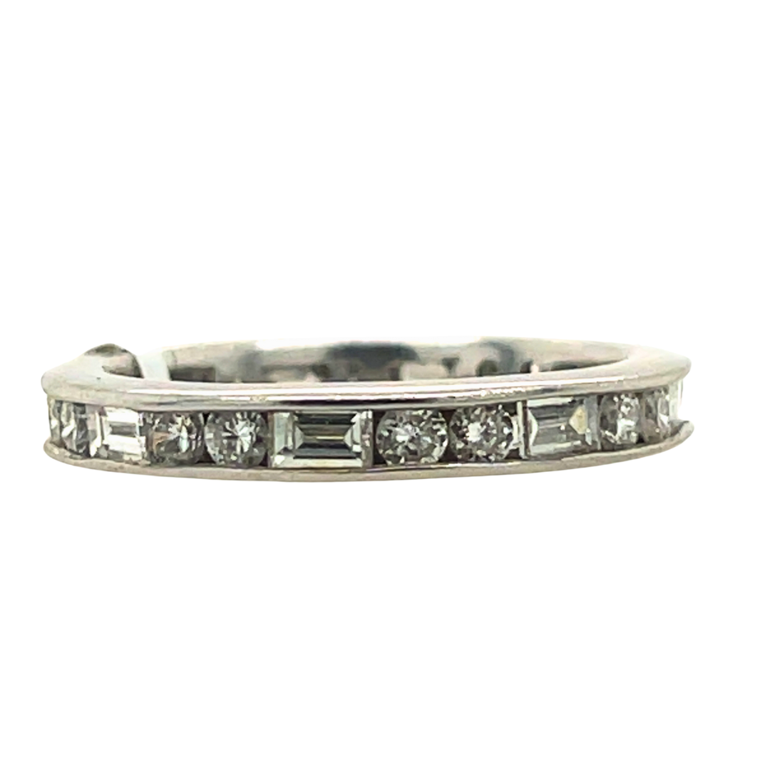 White Gold Alternating Round &amp; Baguette Cut Diamond Anniversary Wedding Band