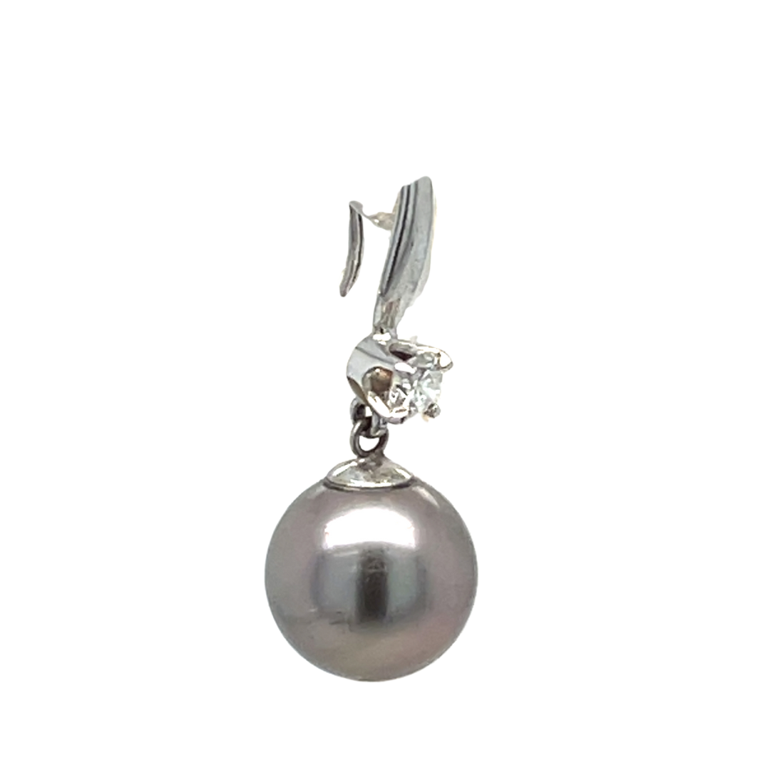 14K White Gold Tahitian Pearl and Diamond Lever Back Dangle Earrings