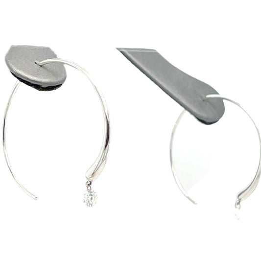 Open Hoop Earrings with Dangling Diamond in White Gold