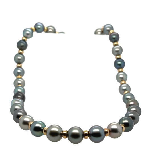 Estate Fine Black Tahitian Pearl Necklace with 14K Yellow Gold Rondels