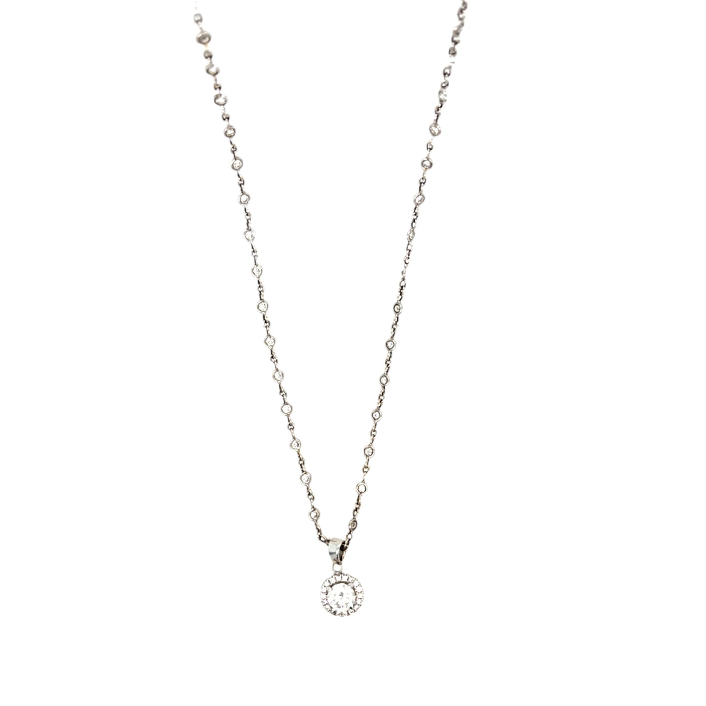 Diamond Bezel Strand Necklace with Solitary Diamond Pendant