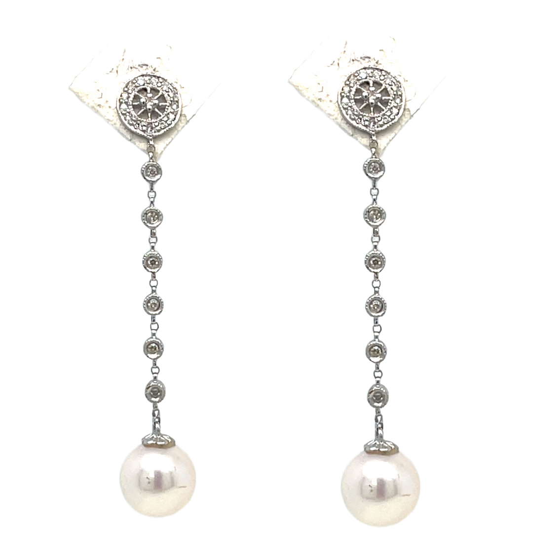 14K Gold Diamond Pearl Drop Earring