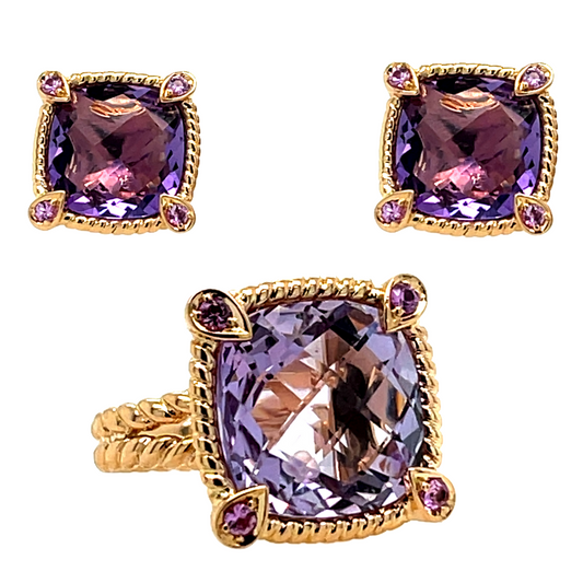 Rose 18K Gold Amethyst & Diamond Jewelry Set: Ring and Earrings