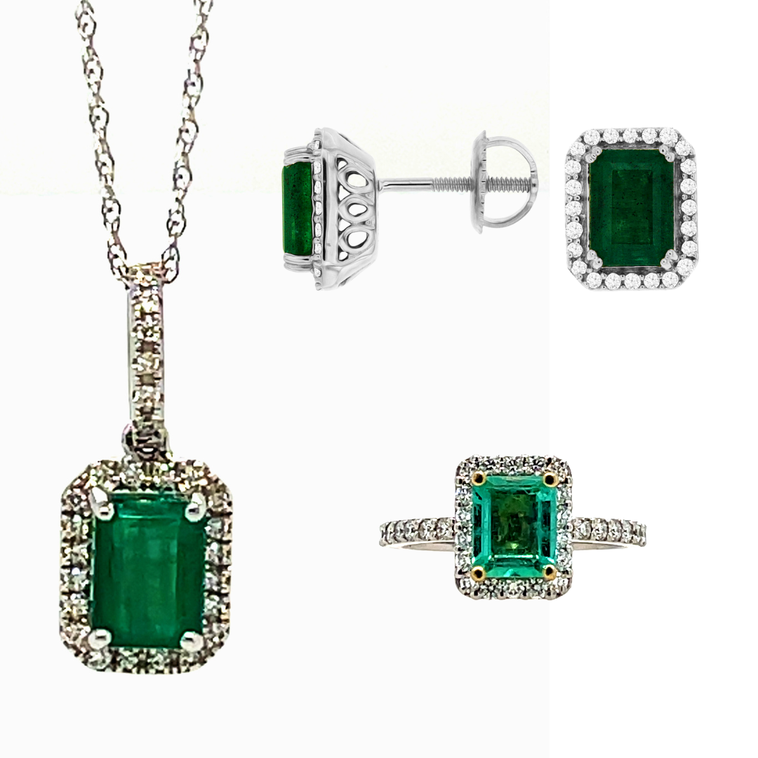 Emerald and Diamond Earring, Necklace, and Ring Set